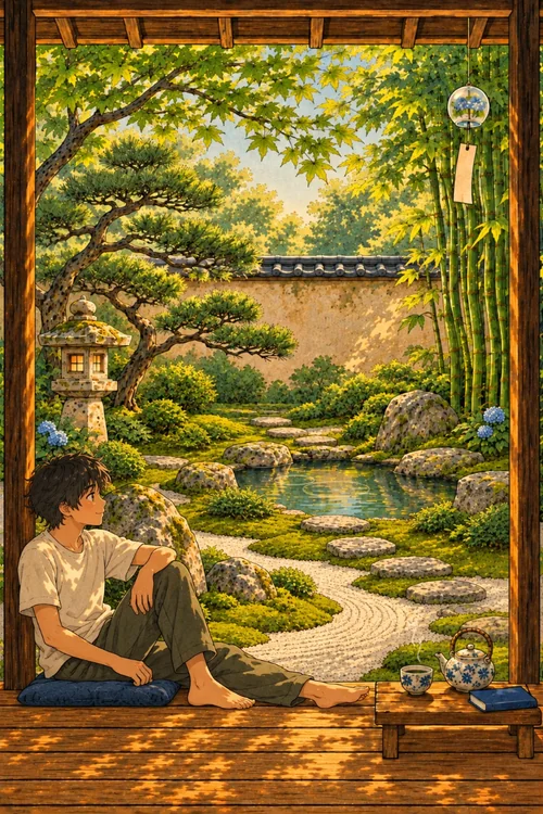 Jardin de Mon ryokan : un garçon sur la terrasse, un bassin et un chemin de pierres parmi les arbres