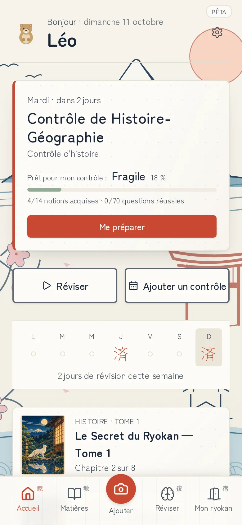 Accueil du compte de démonstration Léo : contrôle d’histoire, jauge de préparation et tampons de révision de la semaine